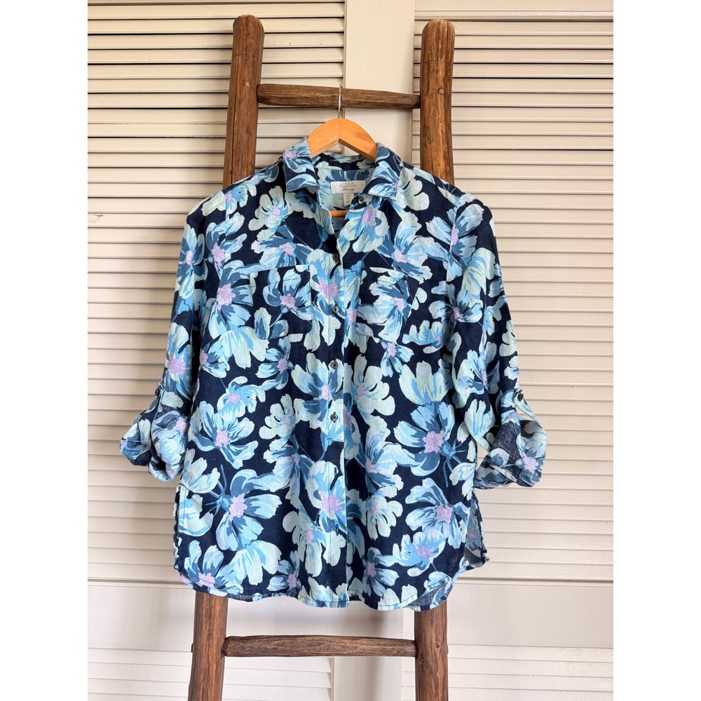 Charter Club Luxury 100% Linen Floral Roll Tab Button Down Shirt Petite Small PS